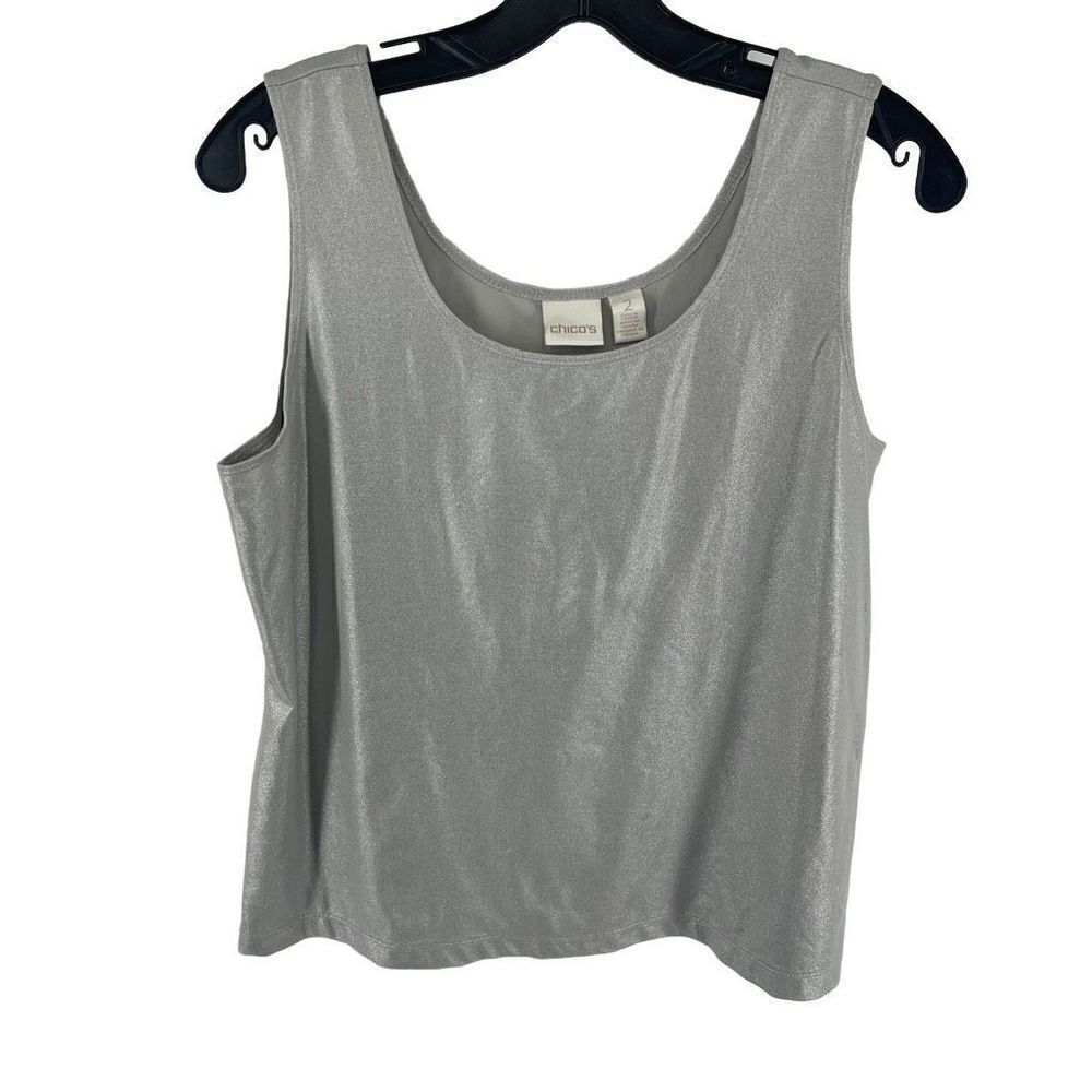 Chico's Women Tank Blouse Sleeveless Shirt Top Scoopneck glossy Stretch Silver m